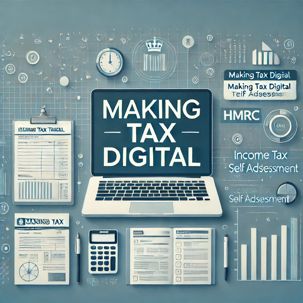 Making Tax Digital concept with digital tax charts, HMRC documents, and a laptop in a finance-themed background